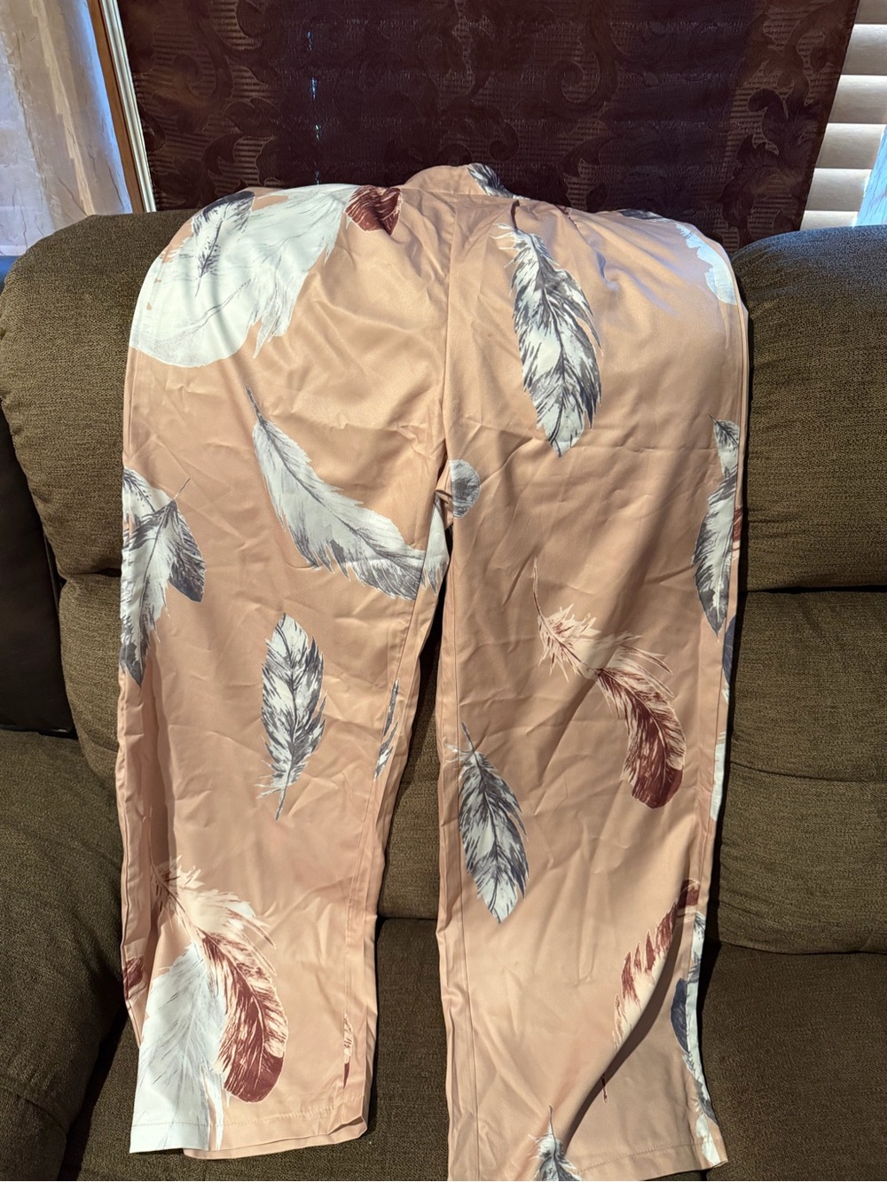 SHEIN Blush Pink Feather-Print Wide Leg Pants